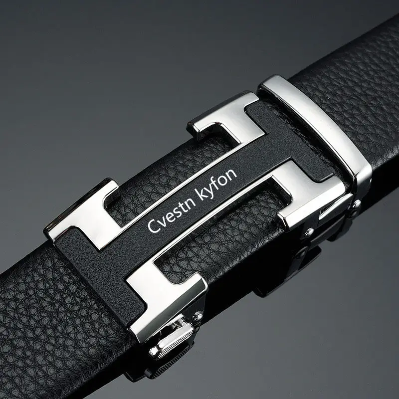 Men's Black Leather Belt with Silver Automatic Buckle — feature 5