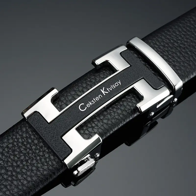 Men's Black Leather Belt with Silver Automatic Buckle