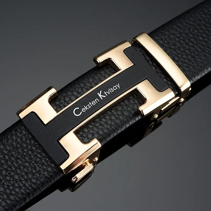 Men's Black Leather Belt with Silver Automatic Buckle