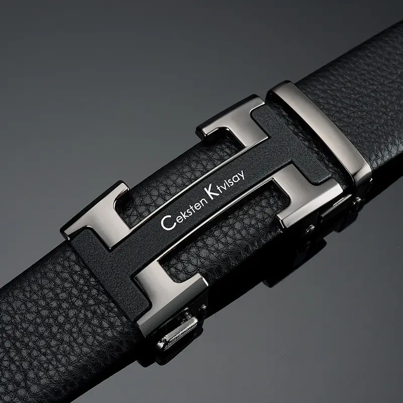 Men's Black Leather Belt with Silver Automatic Buckle
