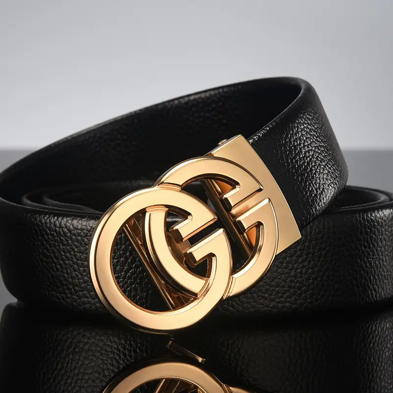 Men's Black Leather Belt with Silver Automatic Buckle