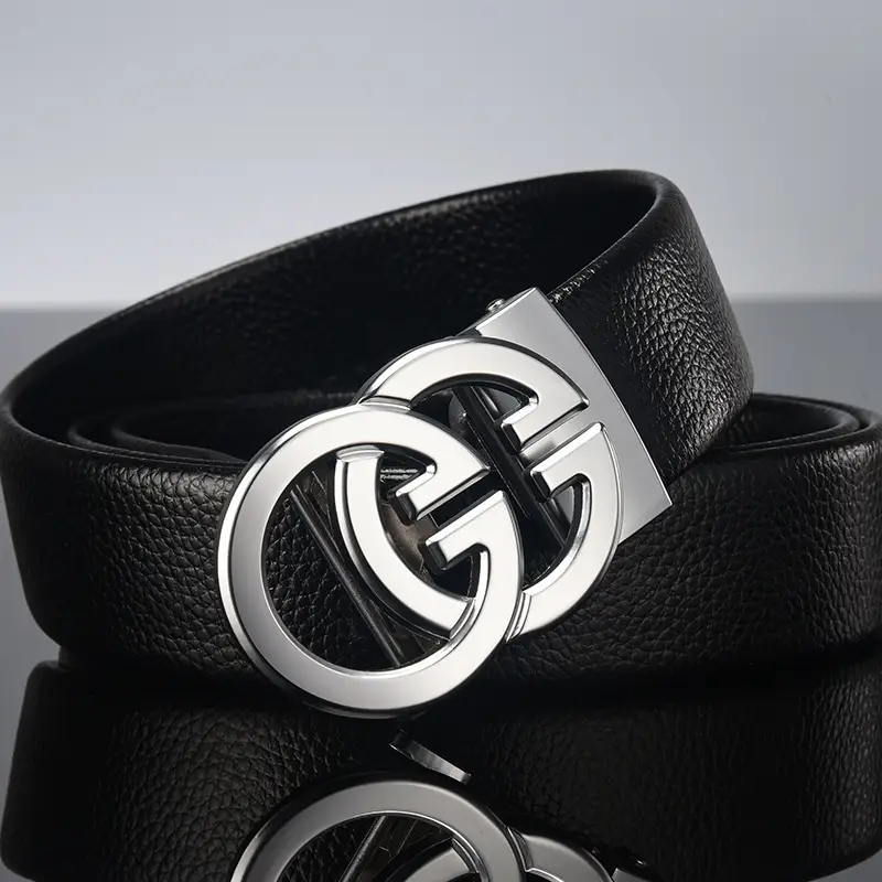 Men's Black Leather Belt with Silver Automatic Buckle