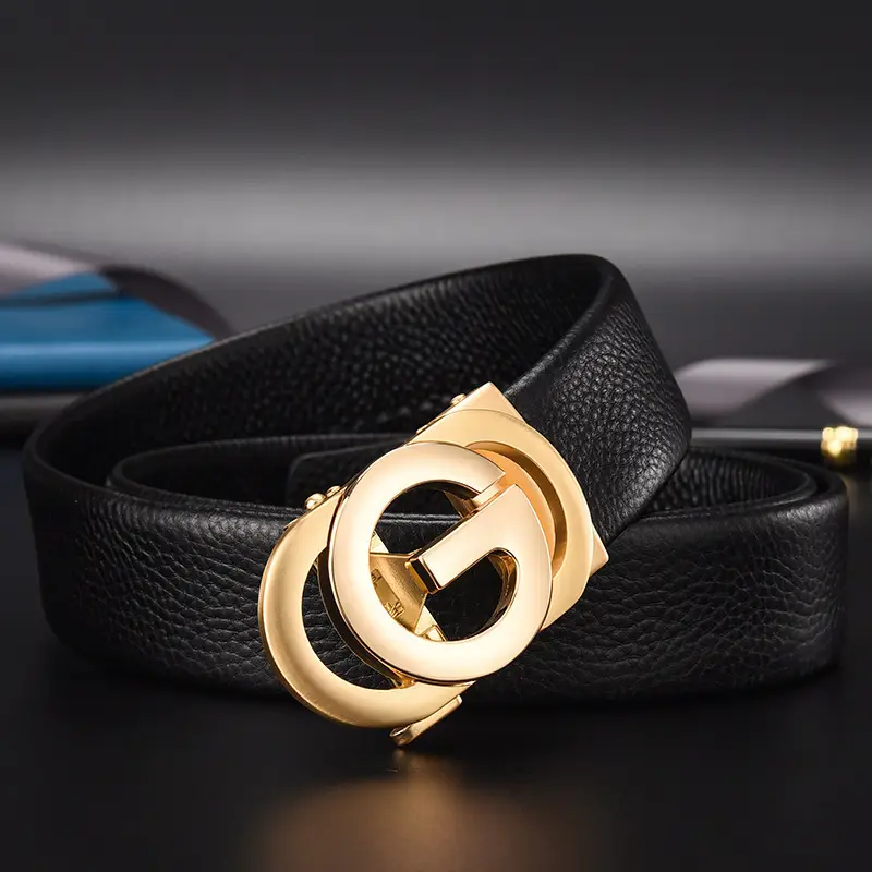 Men's Black Leather Belt with Silver Automatic Buckle