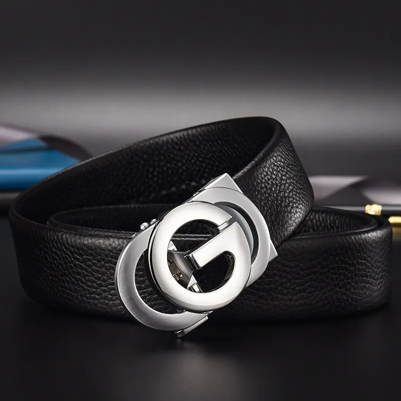 Men's Black Leather Belt with Silver Automatic Buckle