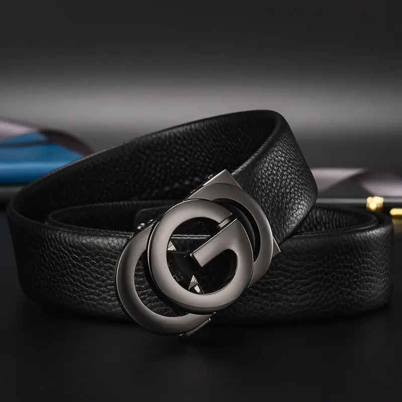 Men's Black Leather Belt with Silver Automatic Buckle