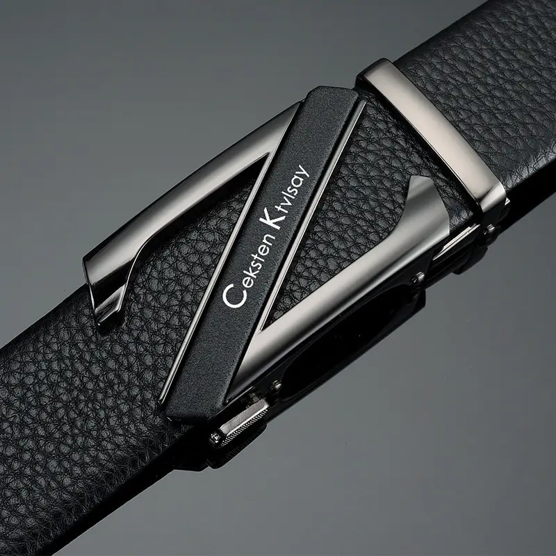Men's Black Leather Belt with Silver Automatic Buckle