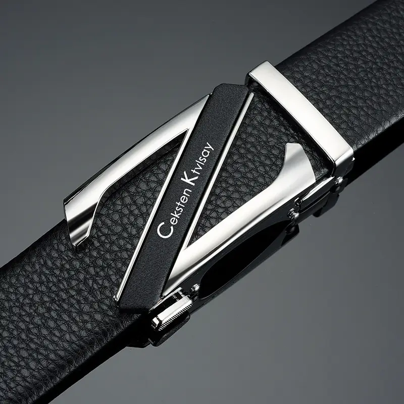 Men's Black Leather Belt with Silver Automatic Buckle