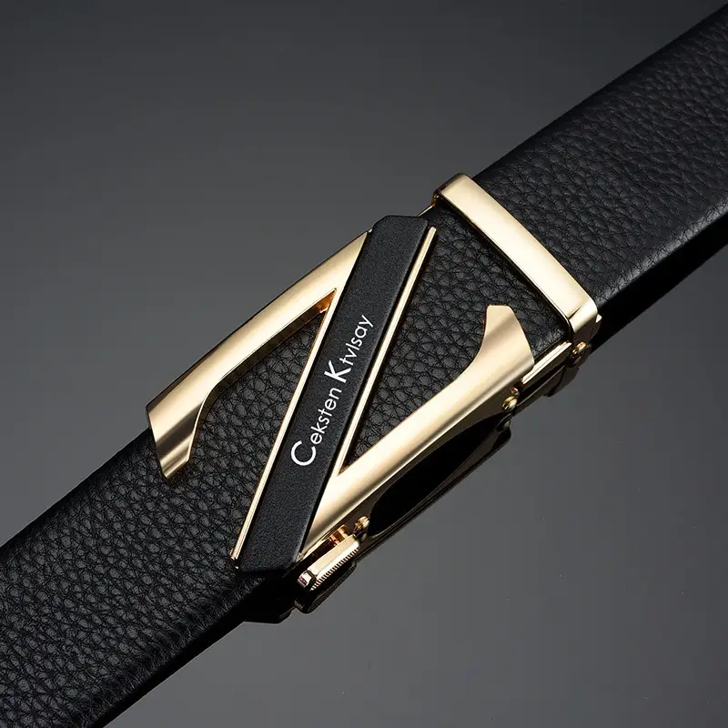 Men's Black Leather Belt with Silver Automatic Buckle