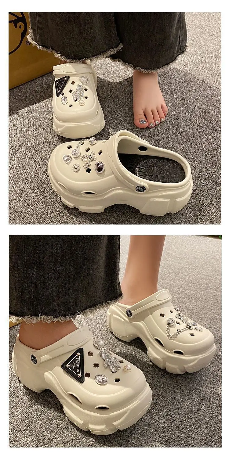 Eva Croc Shoes Women's Summer Thick Sole Increased Outerwear Pearl Rhinestone Casual Beach Shoes Platform Non-Slip Sandals Women — feature 18