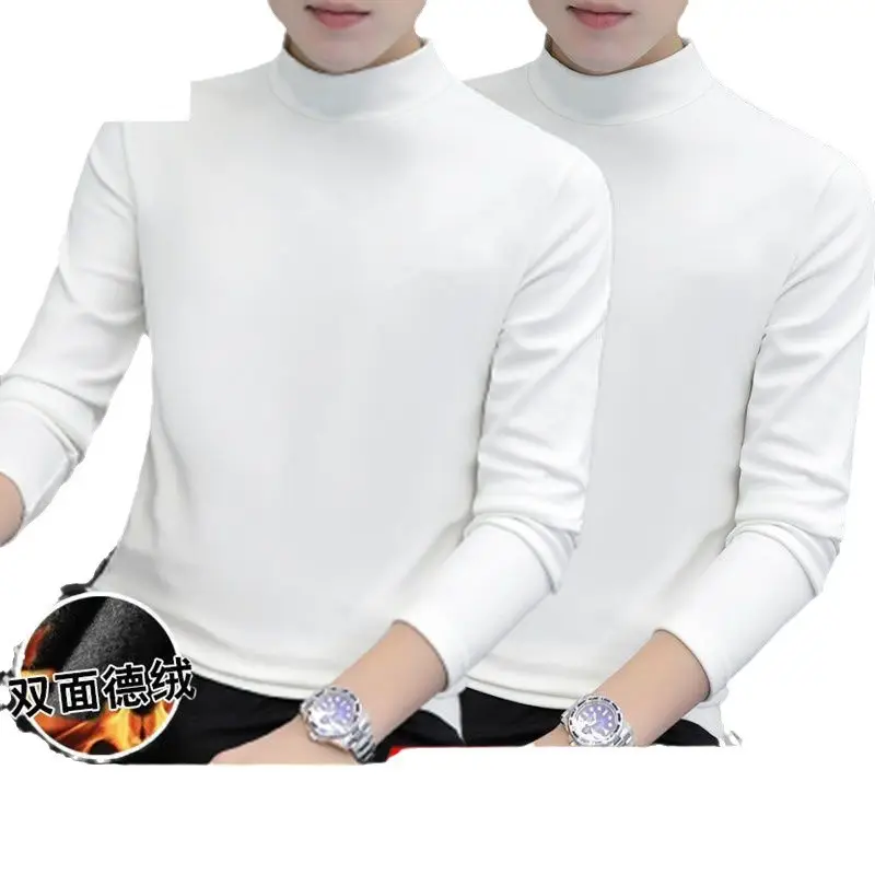 Men Double-Sided Velvet T-Shirt Fleece Lined Semi-High Collar - Image 17