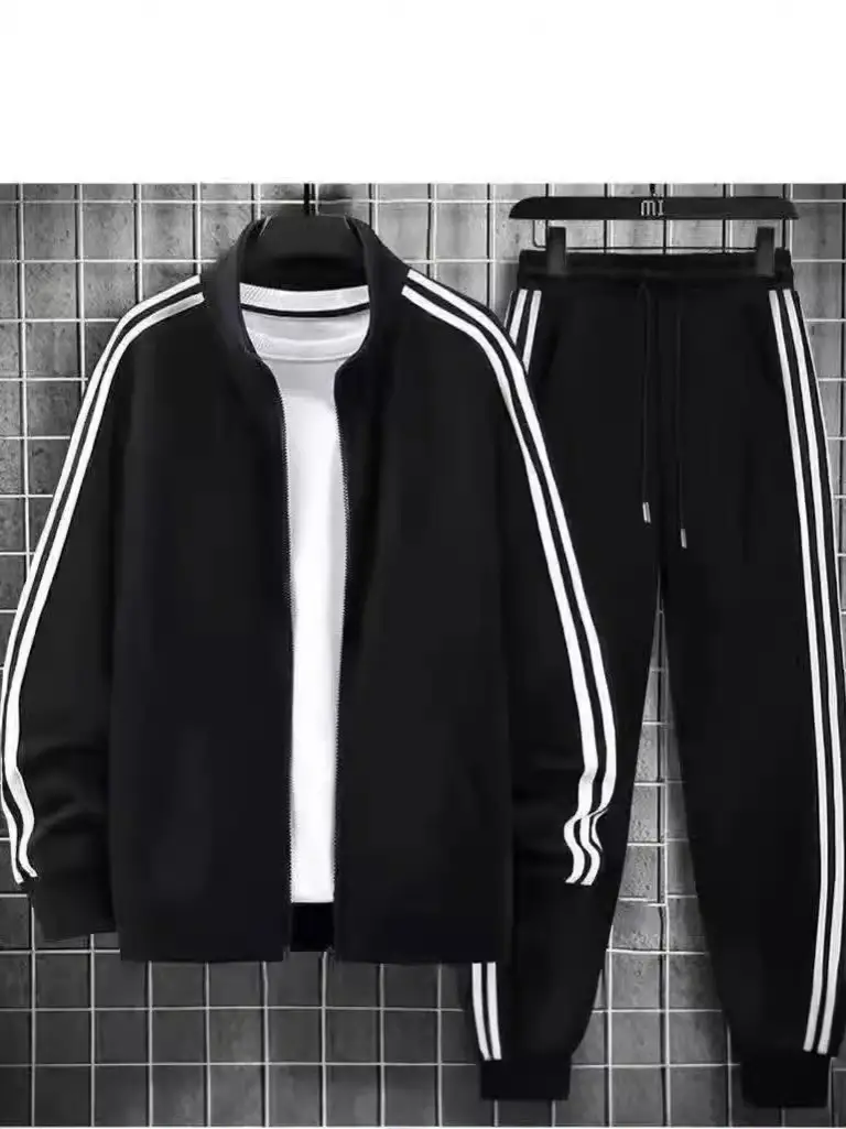 Men Black 3 Bar Track Suit with White Stripes - Image 5