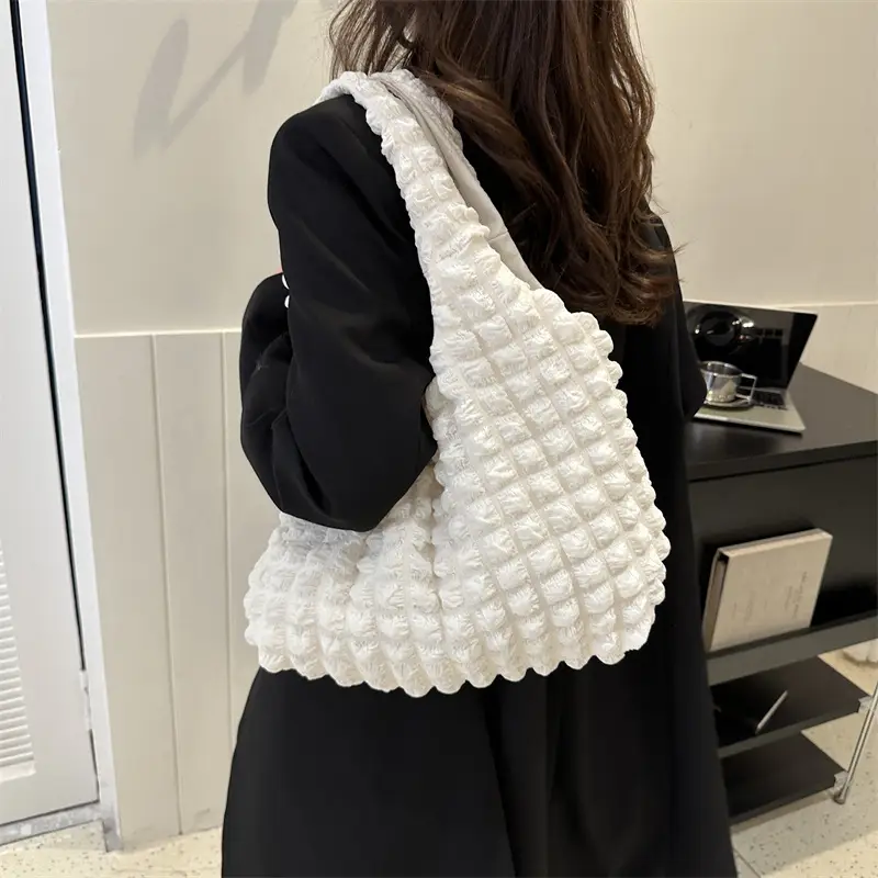 Black Bubble Flower Cotton Shoulder Bag for Women - Image 8