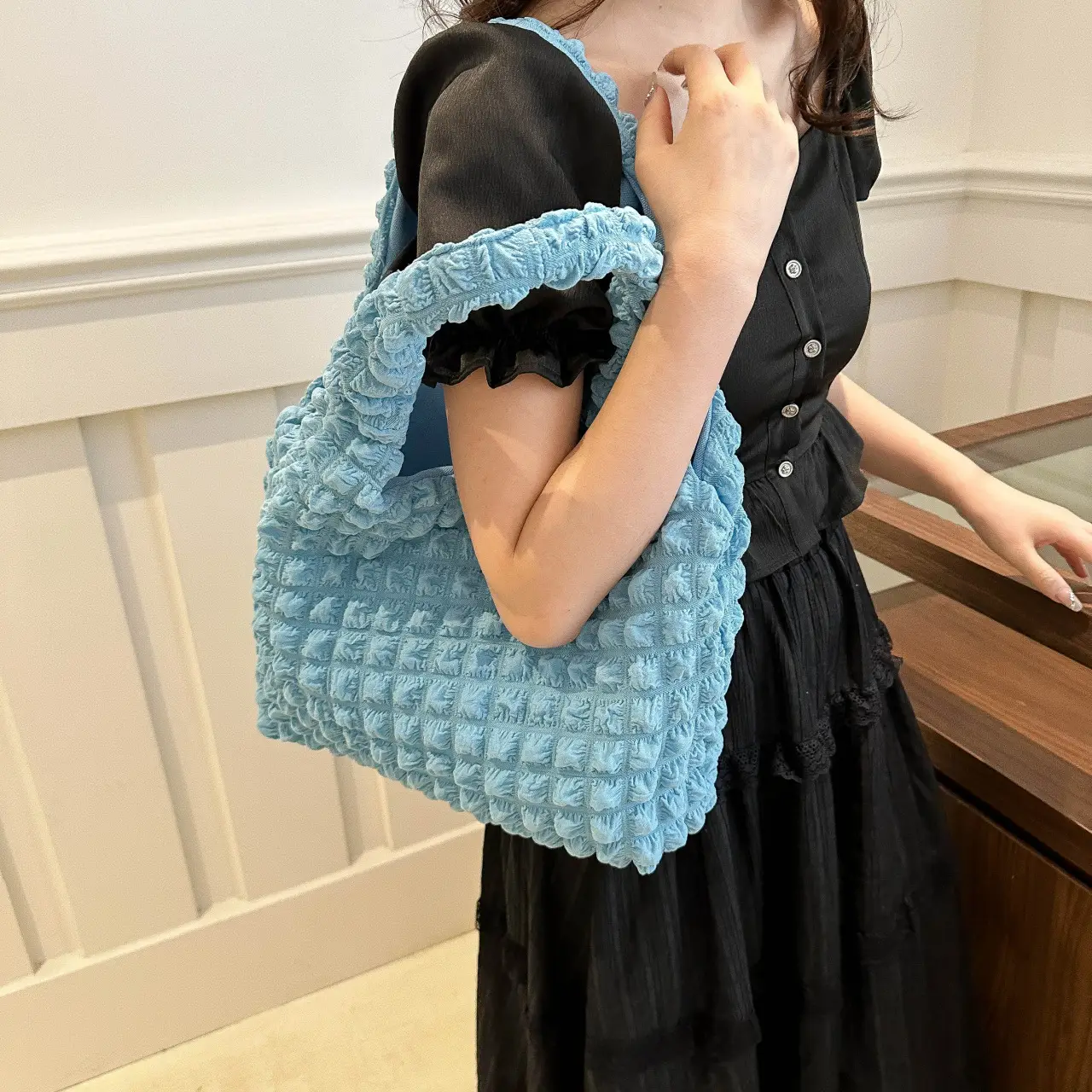 Black Bubble Flower Cotton Shoulder Bag for Women - Image 9