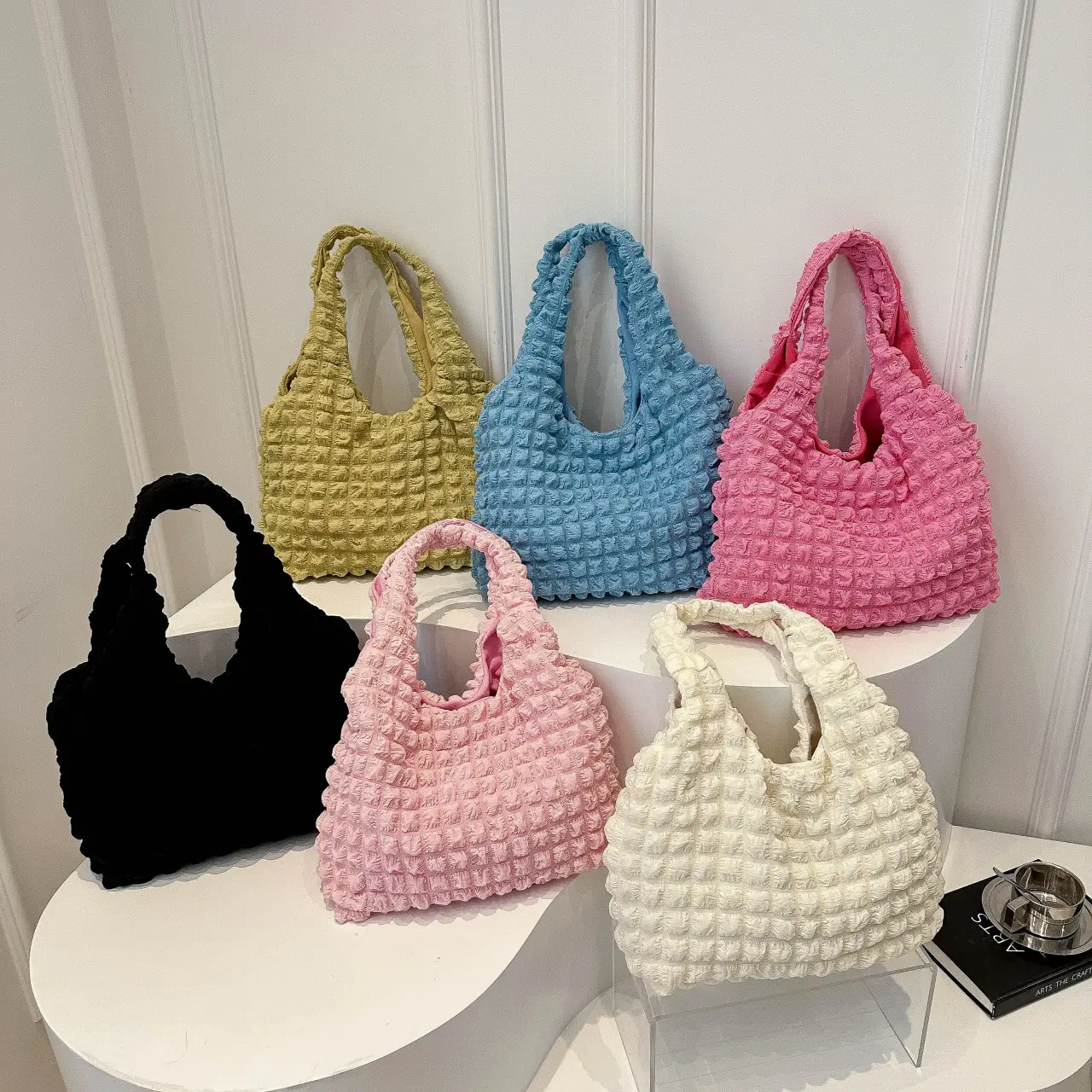 Black Bubble Flower Cotton Shoulder Bag for Women - Image 10