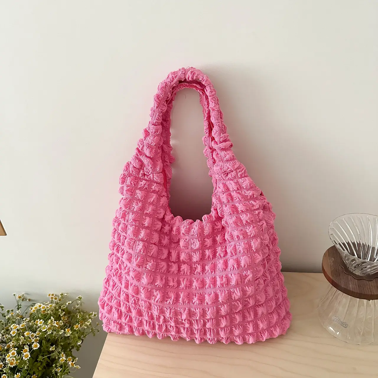 Black Bubble Flower Cotton Shoulder Bag for Women - Image 3