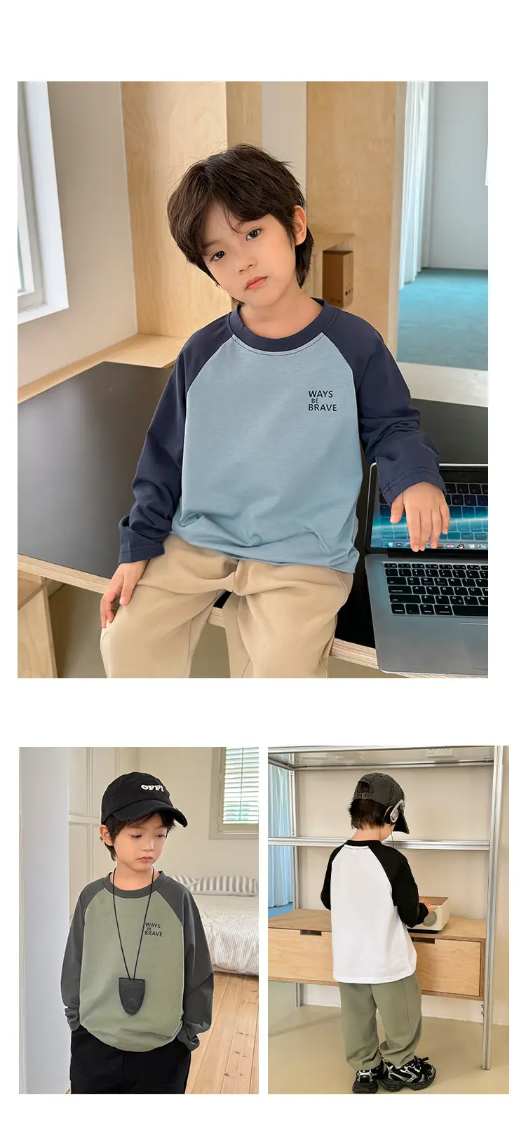 Kids Korean Style Long Sleeve T-Shirt White Black Raglan Sleeve — feature 13