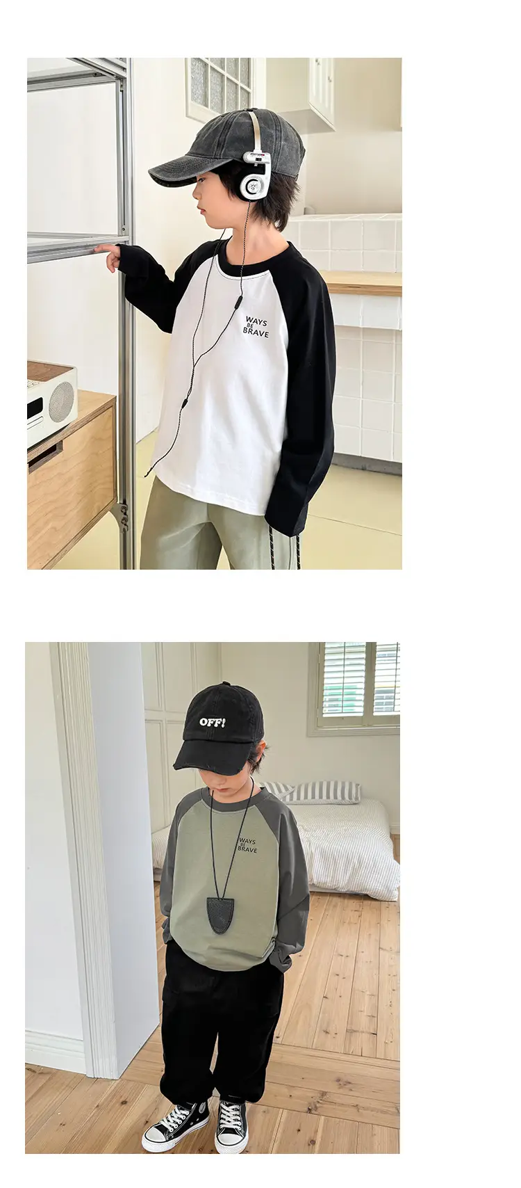 Kids Korean Style Long Sleeve T-Shirt White Black Raglan Sleeve — feature 15