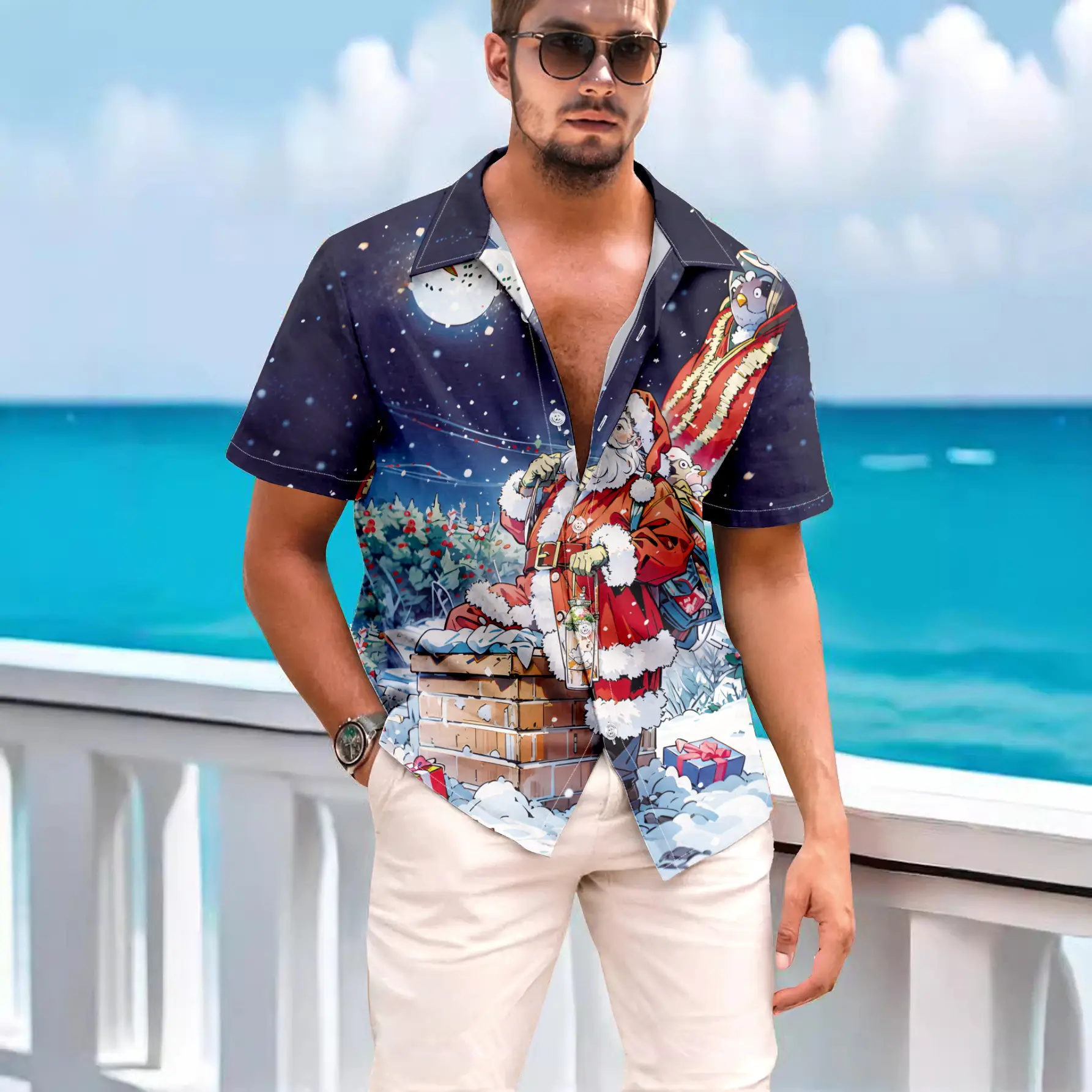 Hawaiian Men's Christmas Deer & Santa Shirt Red