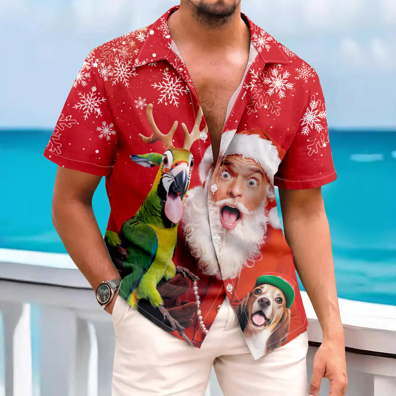 Hawaiian Men's Christmas Deer & Santa Shirt Red