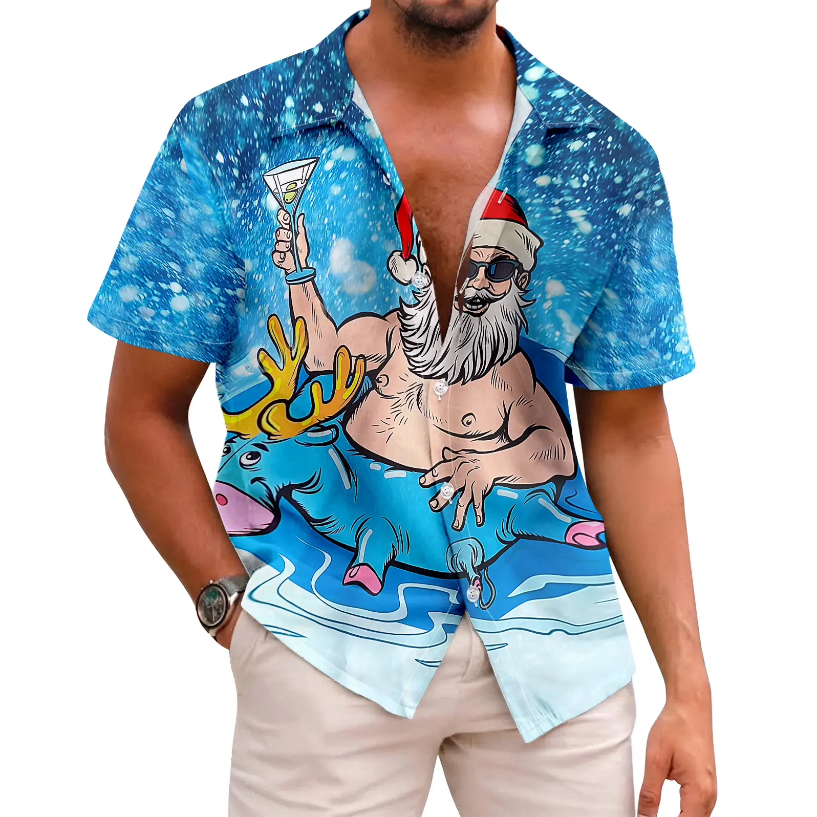 Hawaiian Men's Christmas Deer & Santa Shirt Red