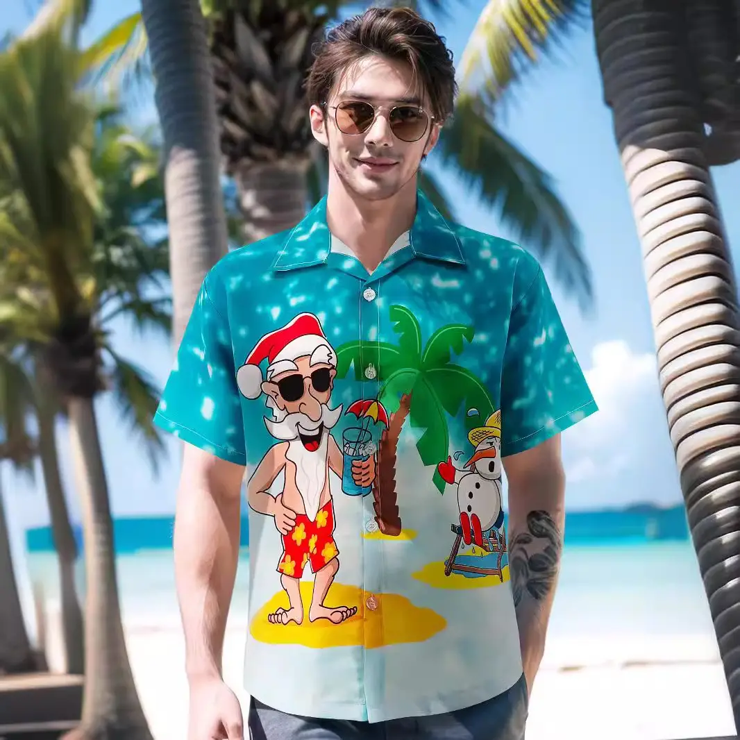 Hawaiian Men's Christmas Deer & Santa Shirt Red