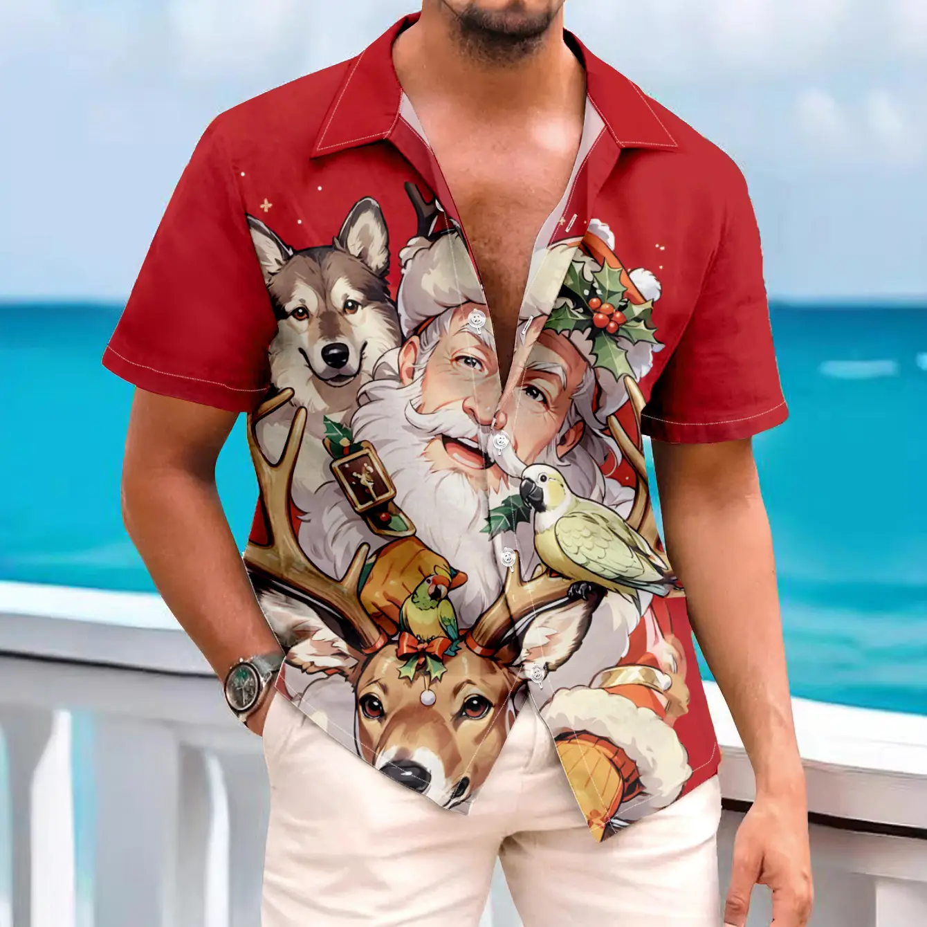 Hawaiian Men's Christmas Deer & Santa Shirt Red