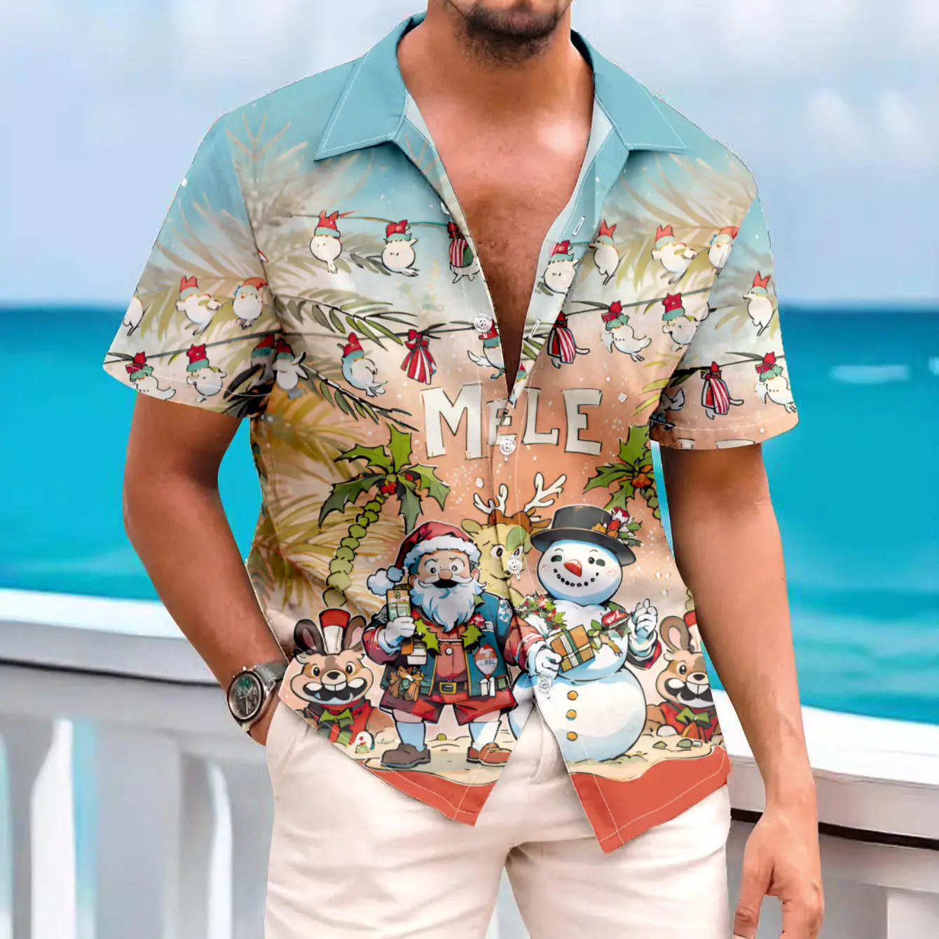 Hawaiian Men's Christmas Deer & Santa Shirt Red