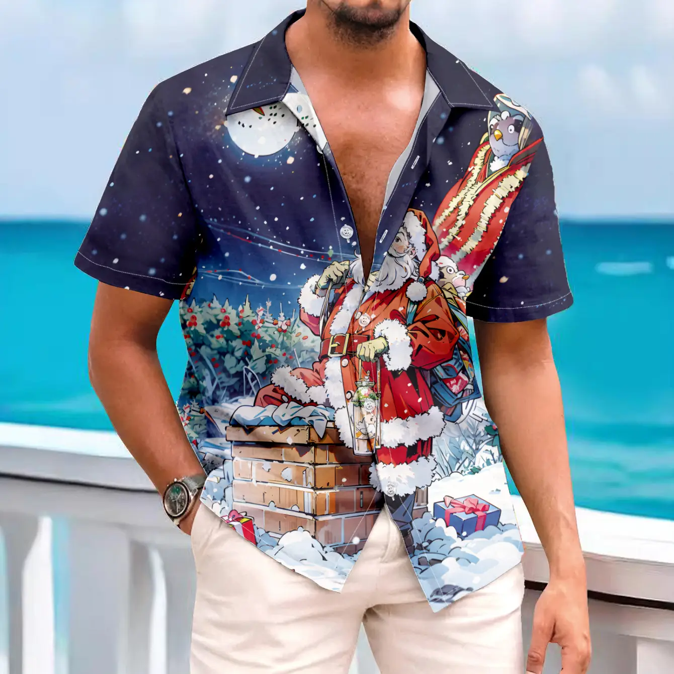 Hawaiian Men's Christmas Deer & Santa Shirt Red