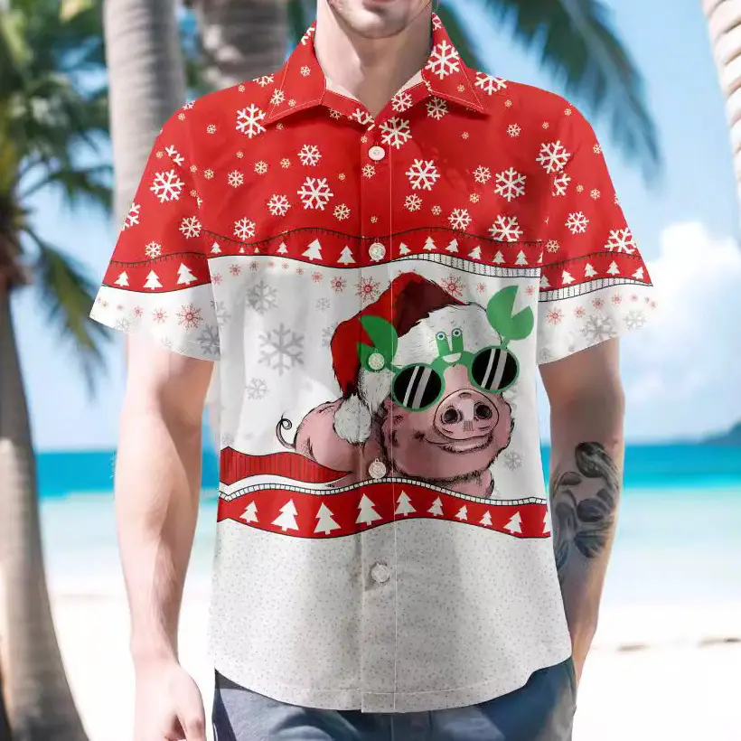 Hawaiian Men's Christmas Deer & Santa Shirt Red