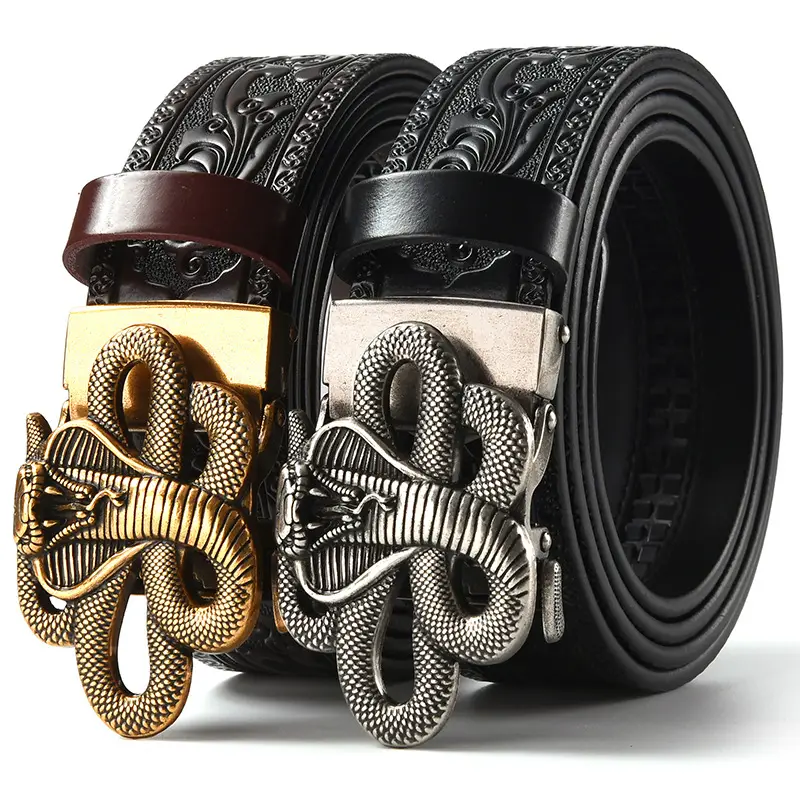 Men's Leather Belt with Gold Carved Buckle - Image 38