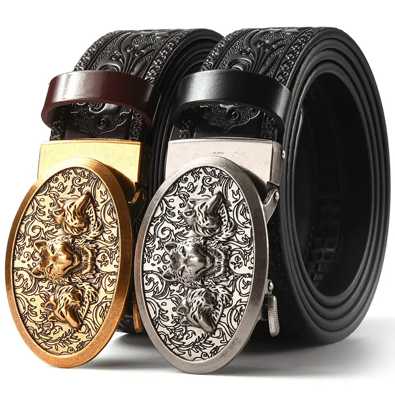Men's Leather Belt with Gold Carved Buckle - Image 39