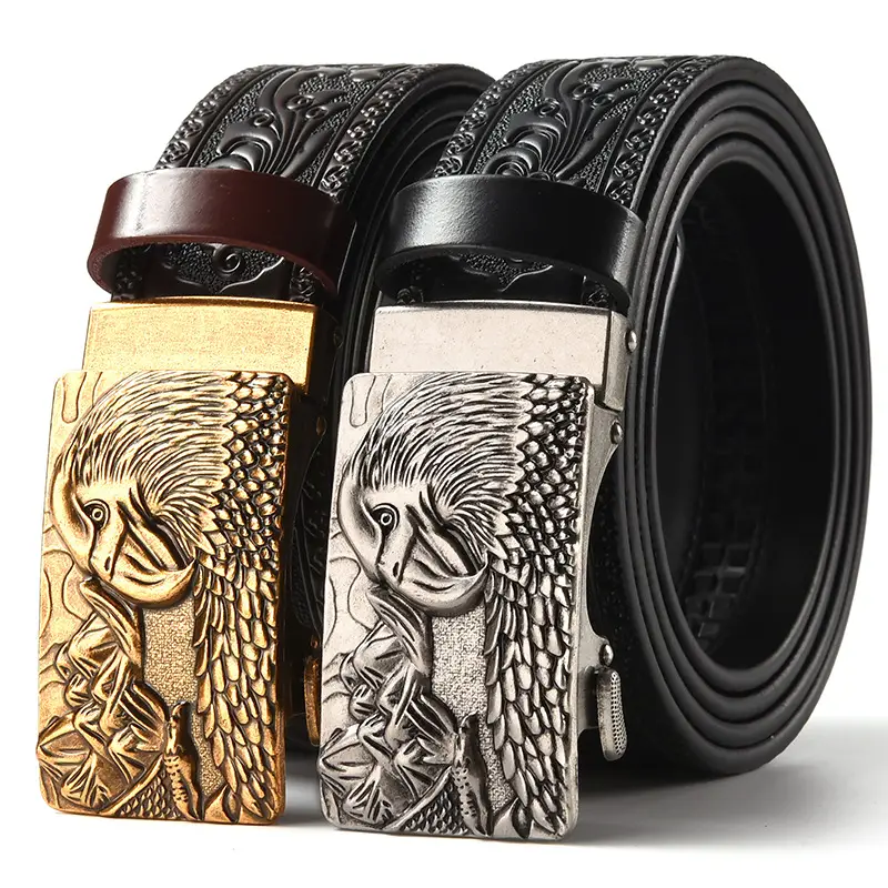 Men's Leather Belt with Gold Carved Buckle - Image 40