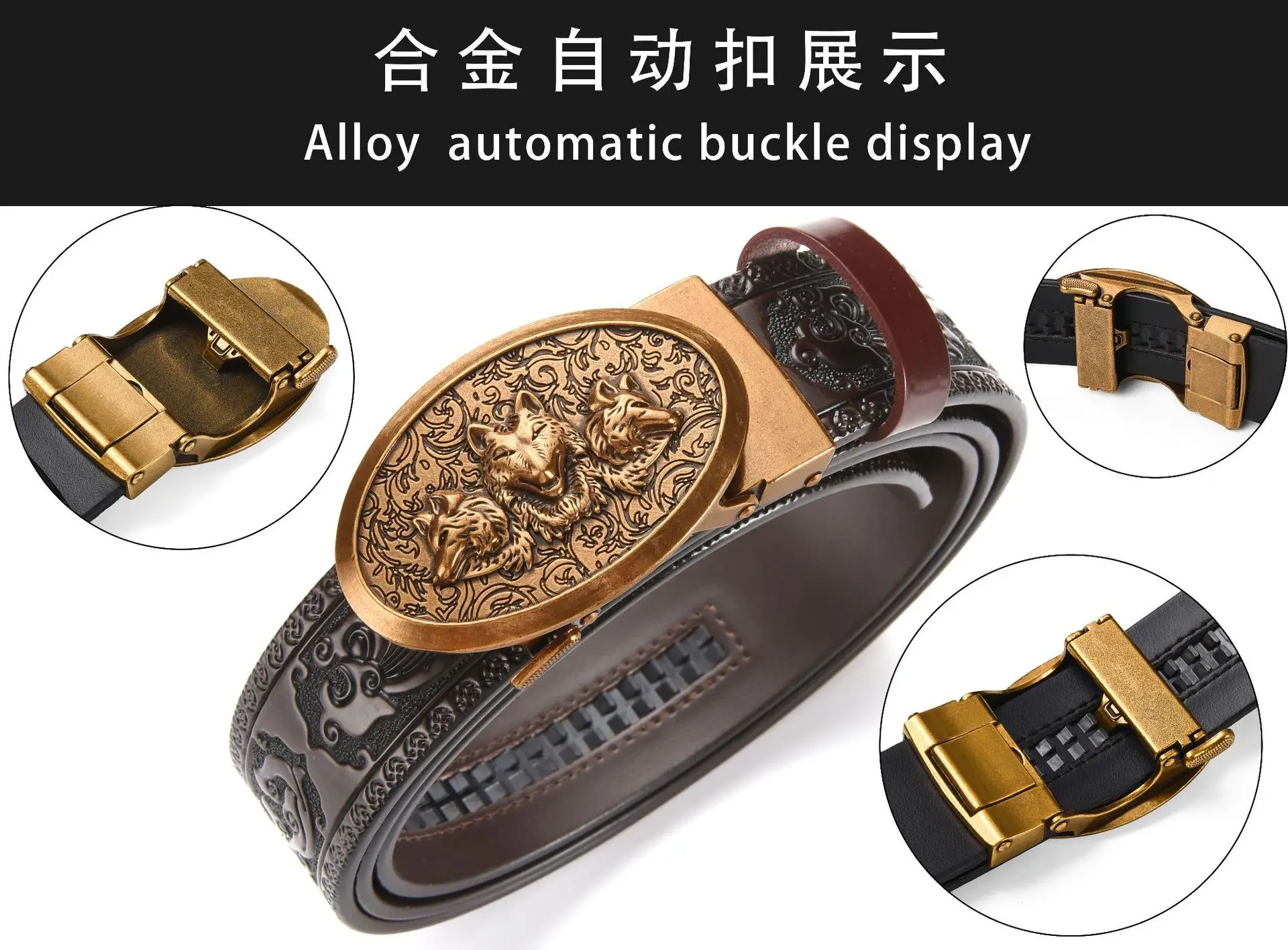 Men's Leather Belt with Gold Carved Buckle — feature 1