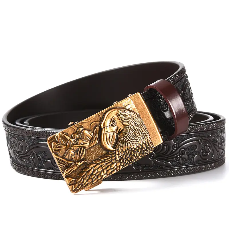 Men's Leather Belt with Gold Carved Buckle — feature 11