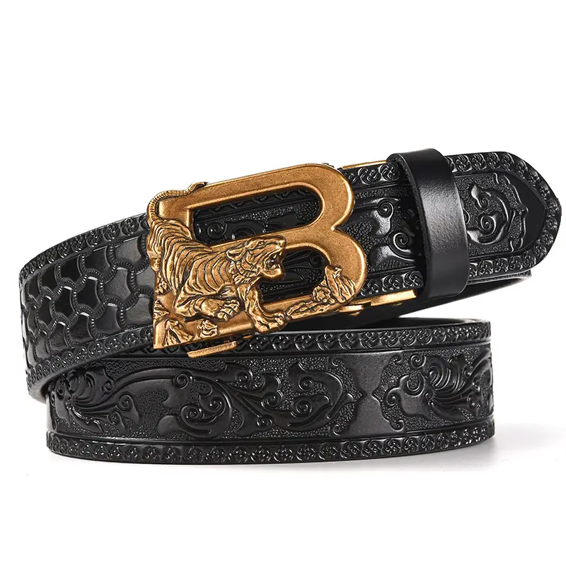 Men's Leather Belt with Gold Carved Buckle — feature 13
