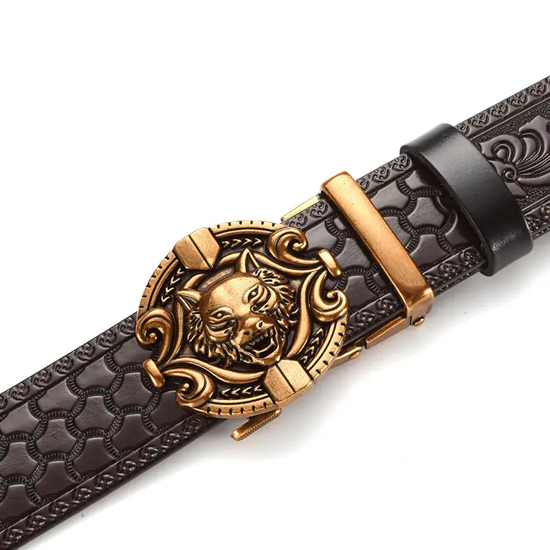 Men's Leather Belt with Gold Carved Buckle — feature 15