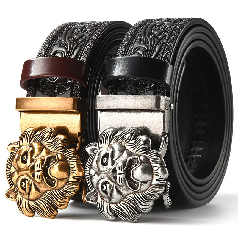 Men's Leather Belt with Gold Carved Buckle — feature 7
