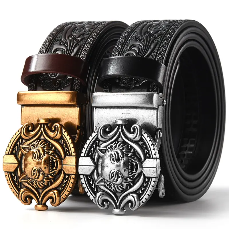 Men's Leather Belt with Gold Carved Buckle — feature 8