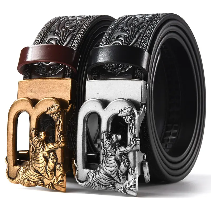 Men's Leather Belt with Gold Carved Buckle — feature 9