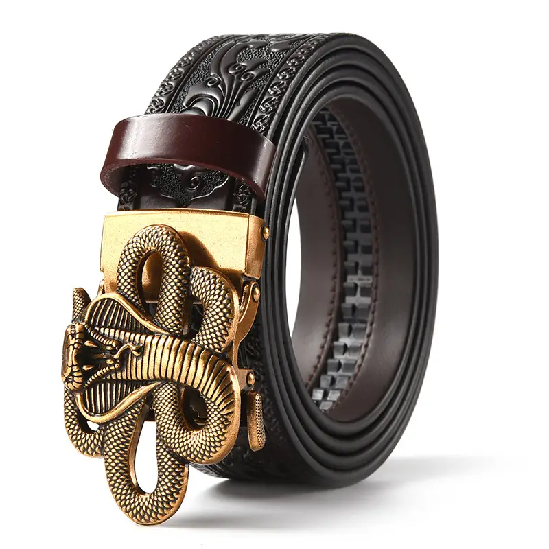 Men's Leather Belt with Gold Carved Buckle - Image 10