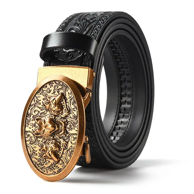 Men's Leather Belt with Gold Carved Buckle - Image 13