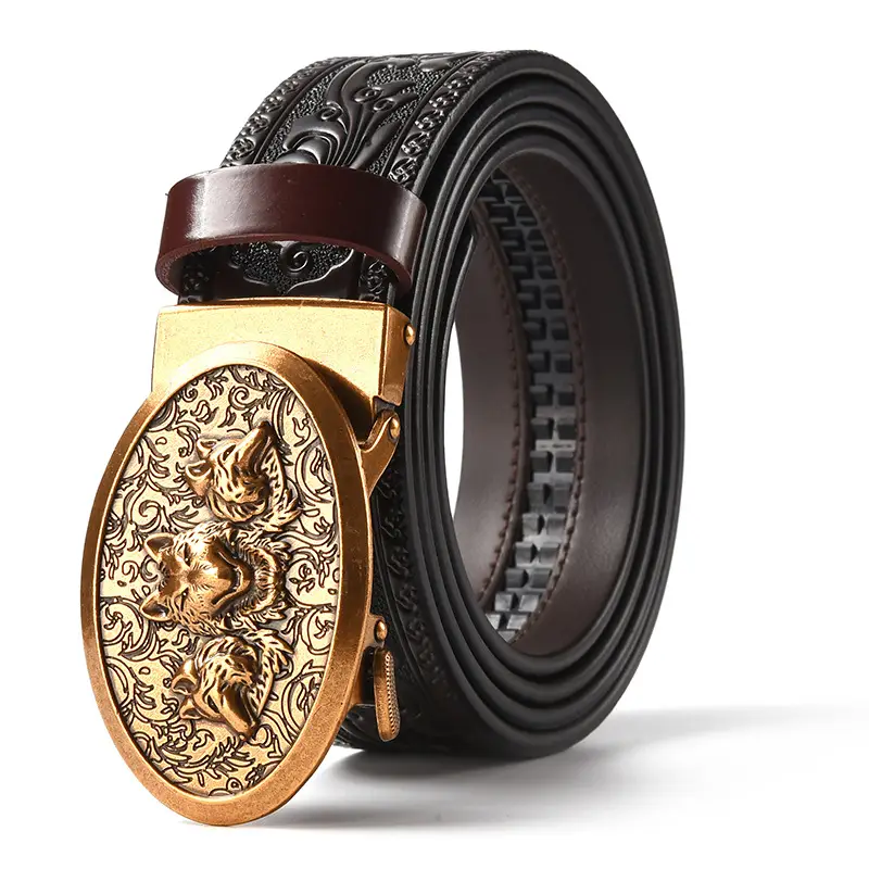 Men's Leather Belt with Gold Carved Buckle - Image 14