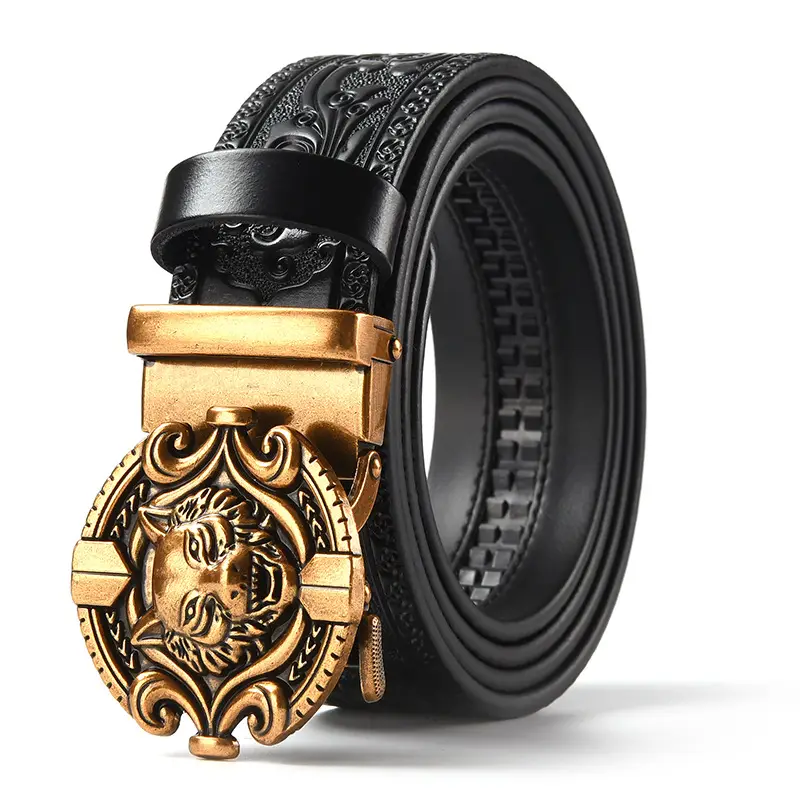 Men's Leather Belt with Gold Carved Buckle - Image 17