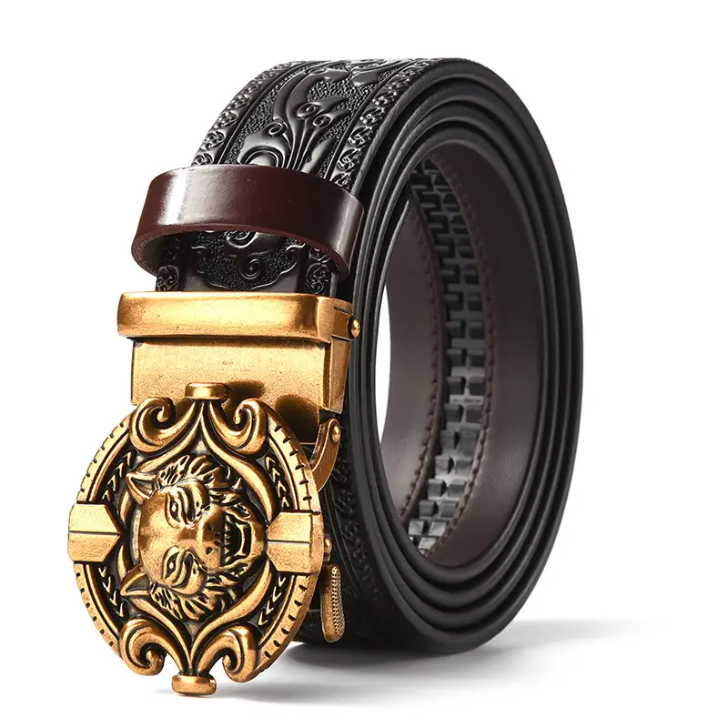 Men's Leather Belt with Gold Carved Buckle - Image 18