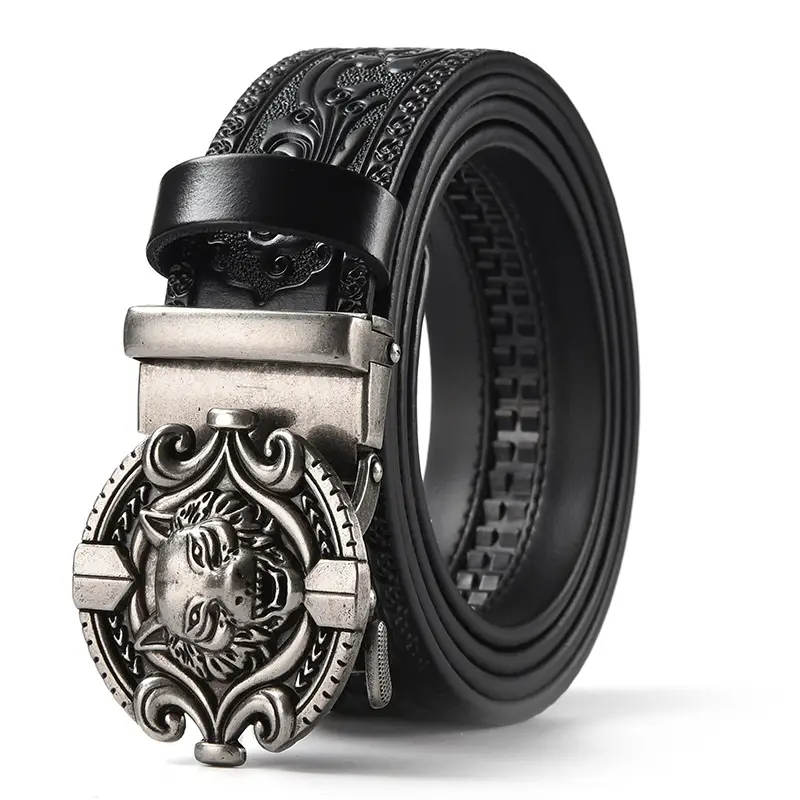 Men's Leather Belt with Gold Carved Buckle - Image 19