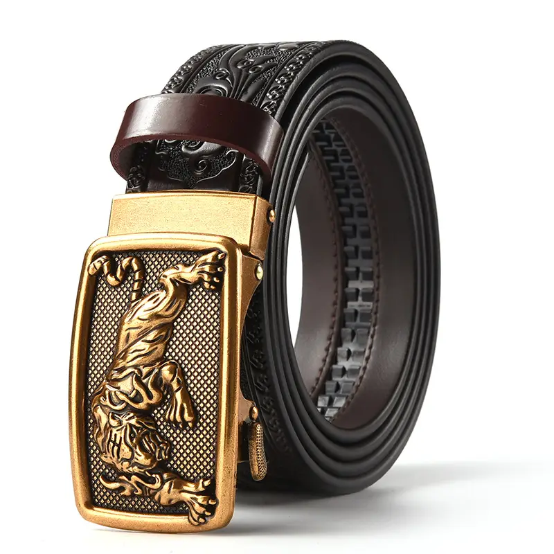 Men's Leather Belt with Gold Carved Buckle - Image 2