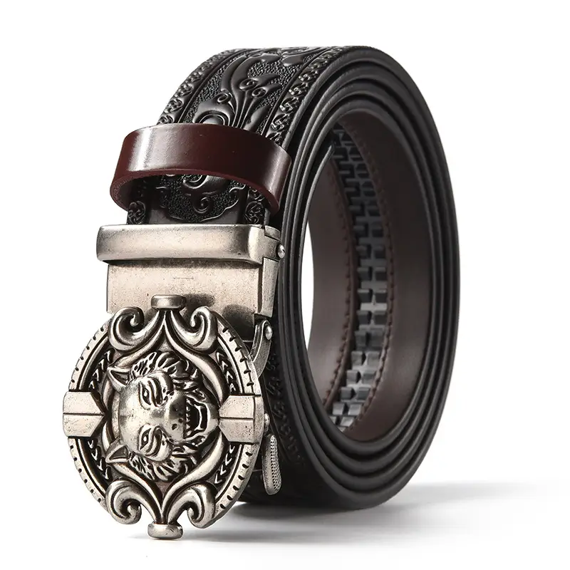 Men's Leather Belt with Gold Carved Buckle - Image 20
