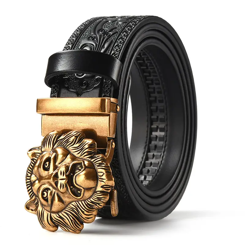 Men's Leather Belt with Gold Carved Buckle - Image 21