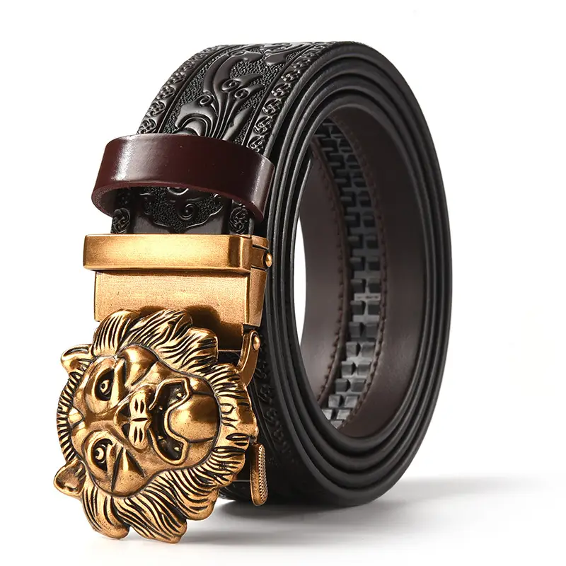 Men's Leather Belt with Gold Carved Buckle - Image 22