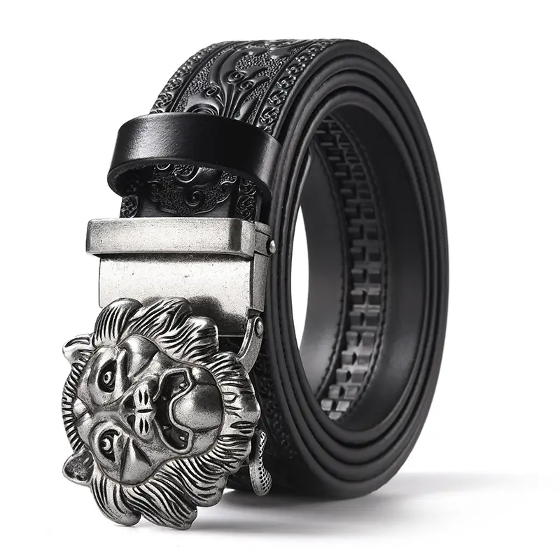 Men's Leather Belt with Gold Carved Buckle - Image 23